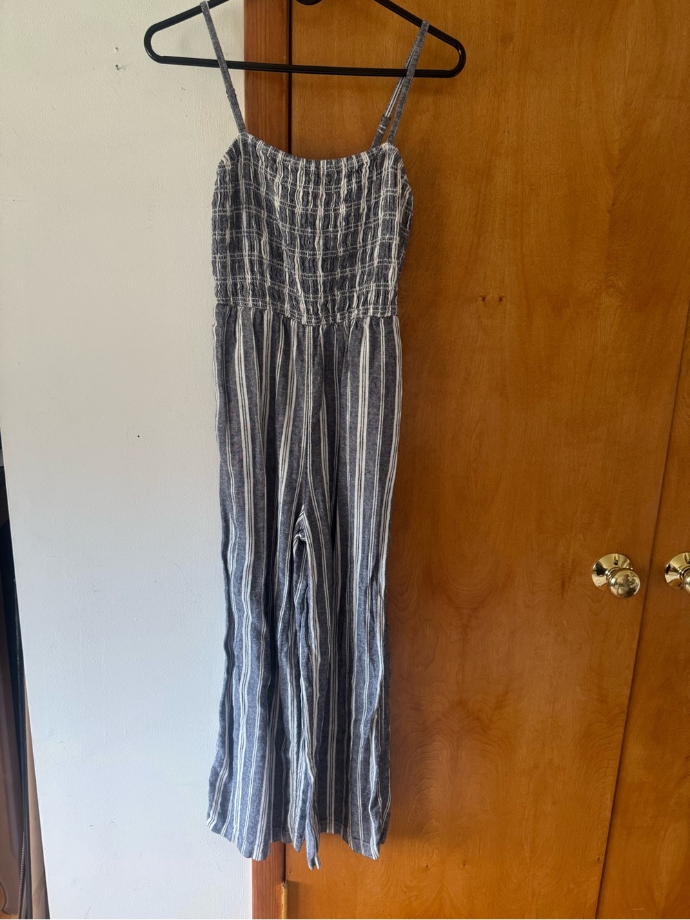 GAP Gray & White Striped Smocked Spaghetti-Strap Jumpsuit